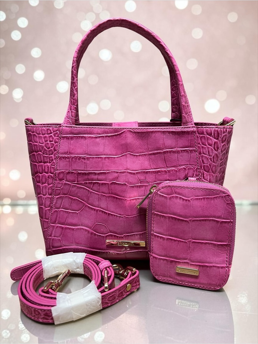 NWT Brahmin Leather Small Mona Tote and Pouch Set, Pink Alba